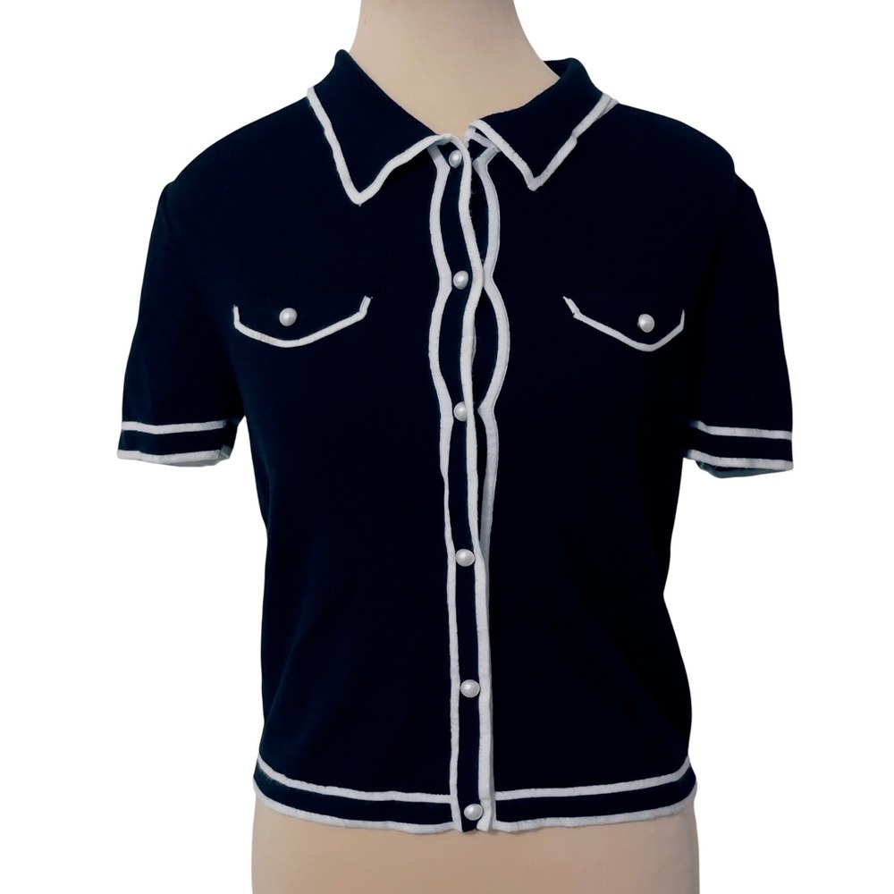 Jason Wu Black Knit Preppy‎ Nautical Top Size M Pearl Trim Classic Minimalist